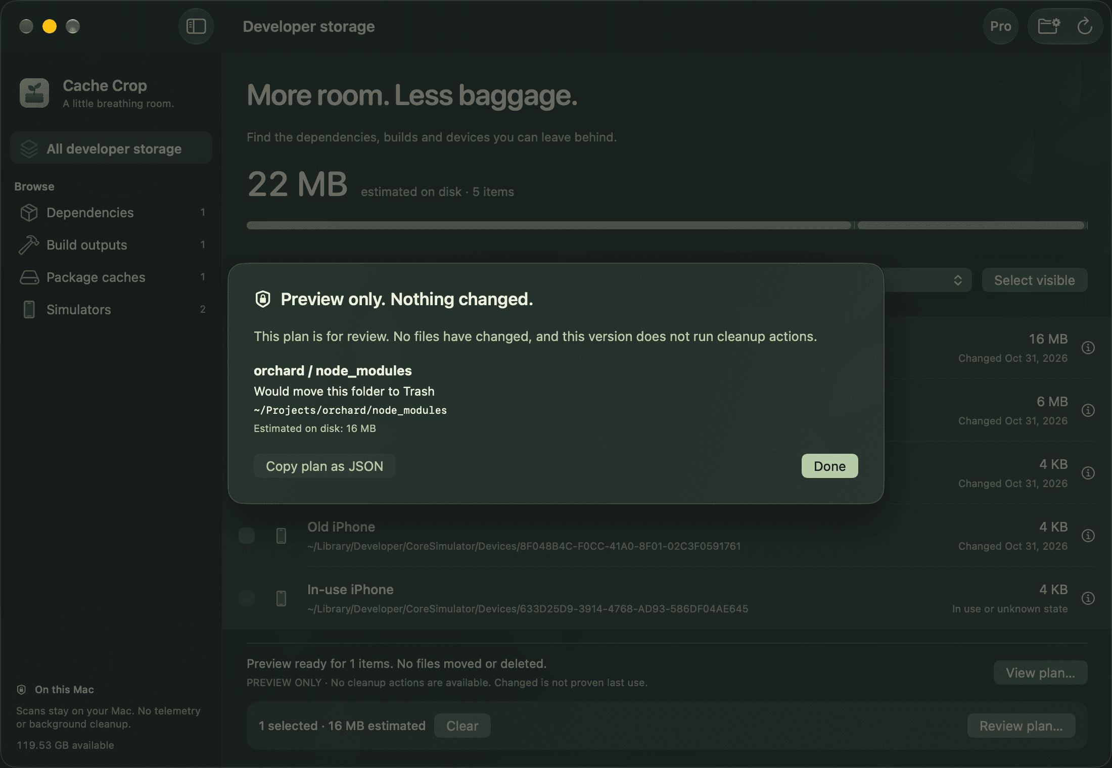 Cache Crop's read-only cleanup plan showing a proposed folder action without changing any files.