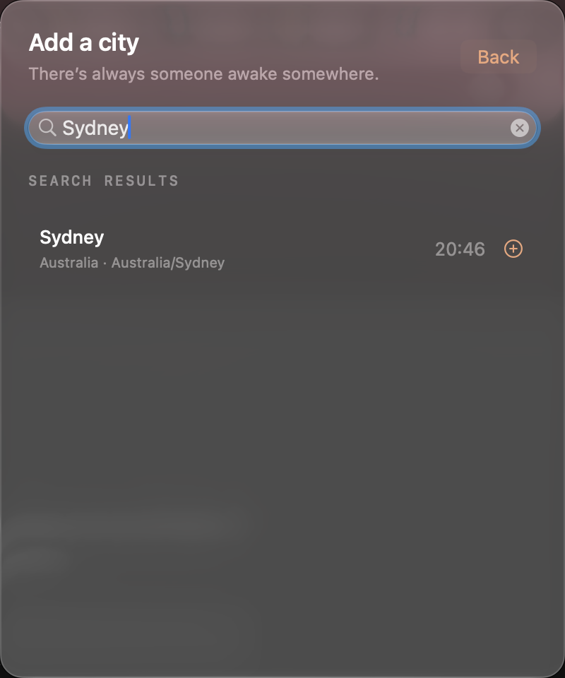 MrWorldwide’s native city picker showing search results for Sydney.
