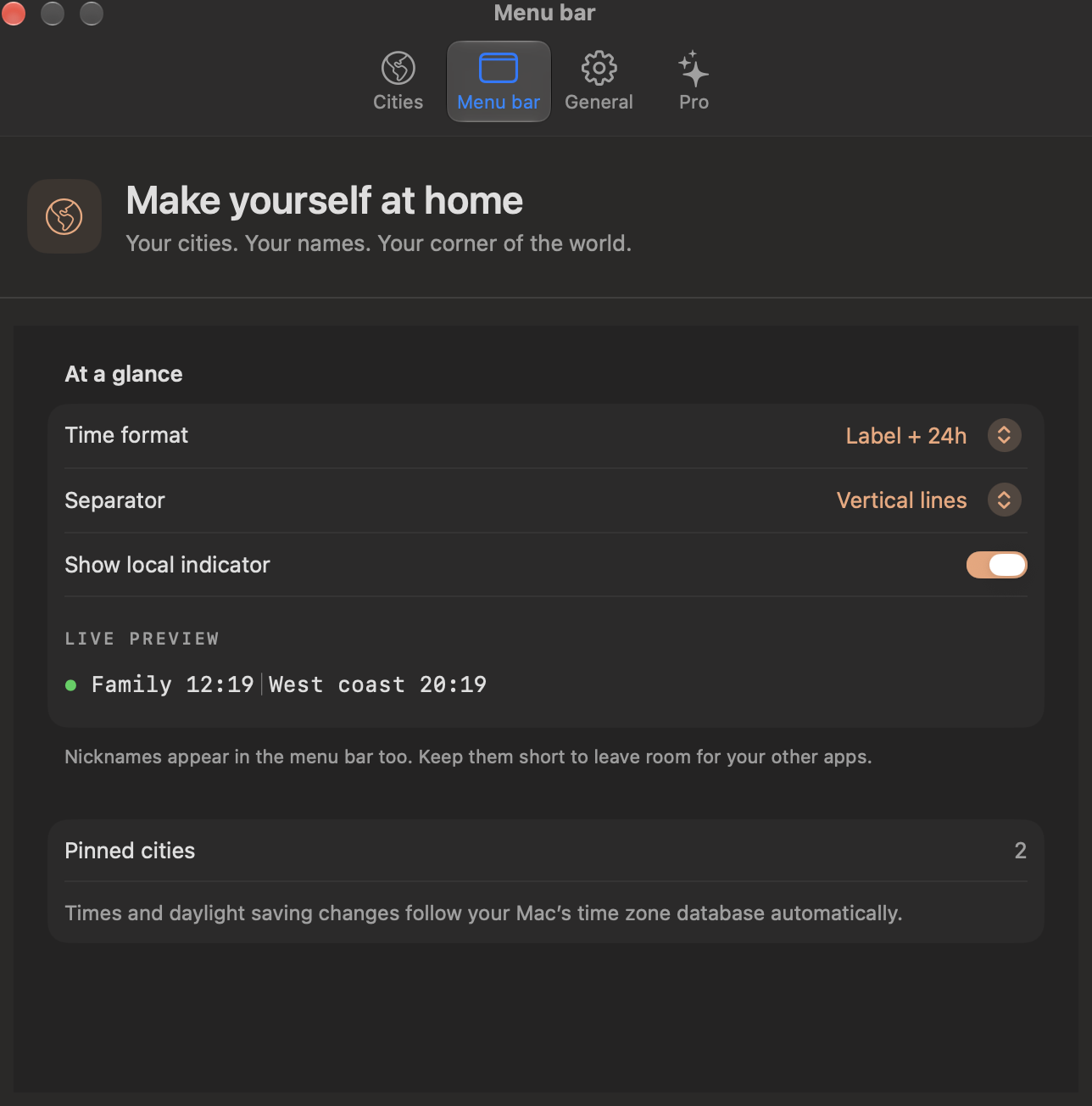 Development Menu bar settings showing Show local indicator enabled and the live clock preview.