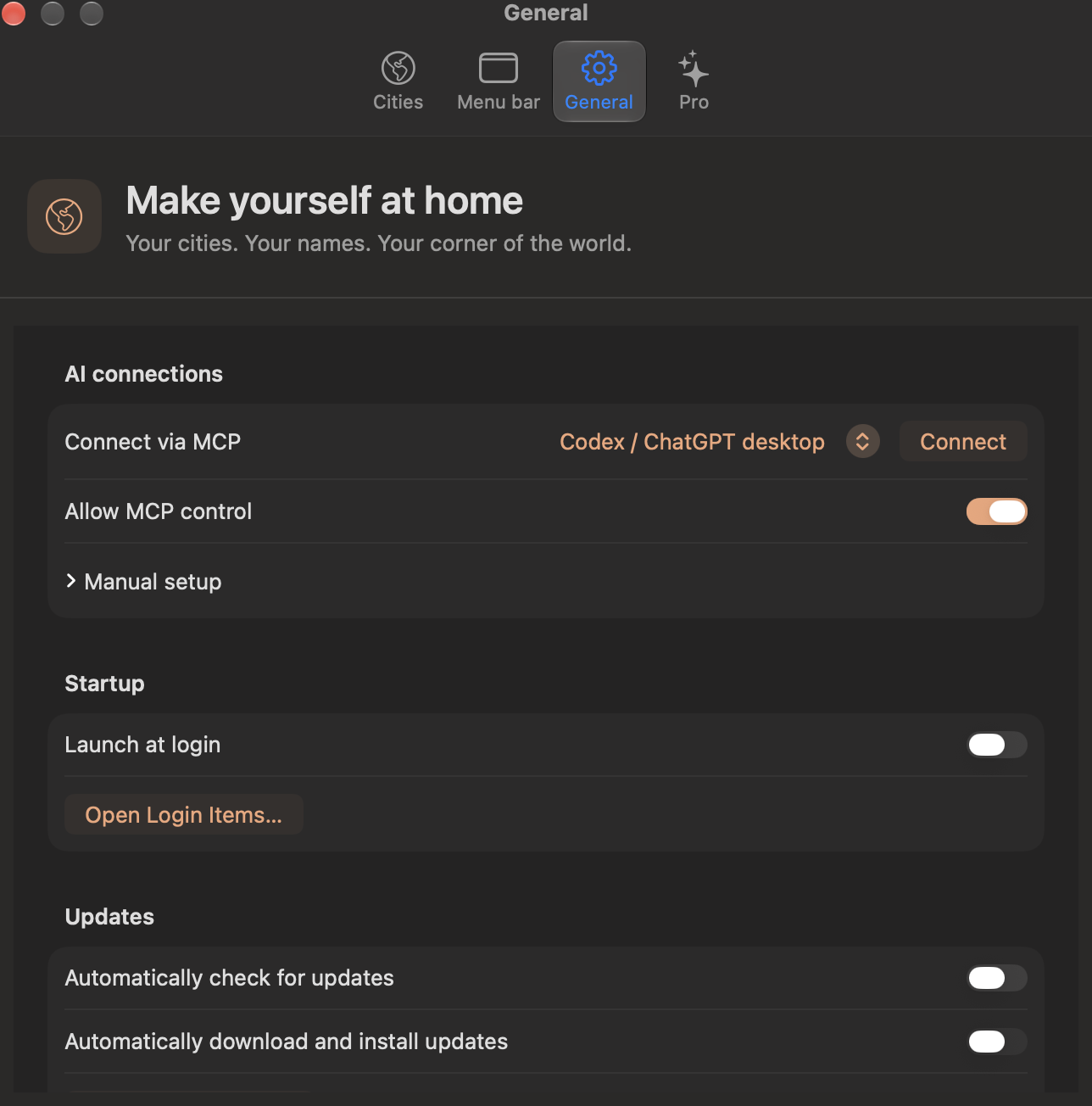 MrWorldwide development Settings with the MCP client selector, Connect button, access switch and manual setup.