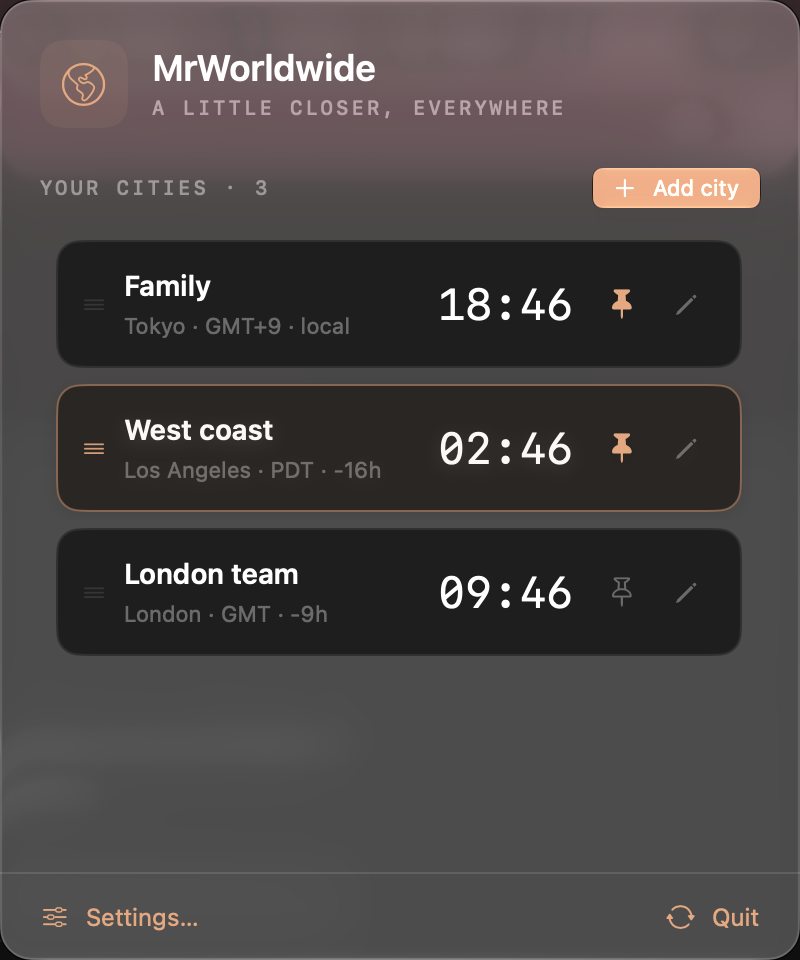 MrWorldwide’s real clock panel with Family, West coast and London team clocks.