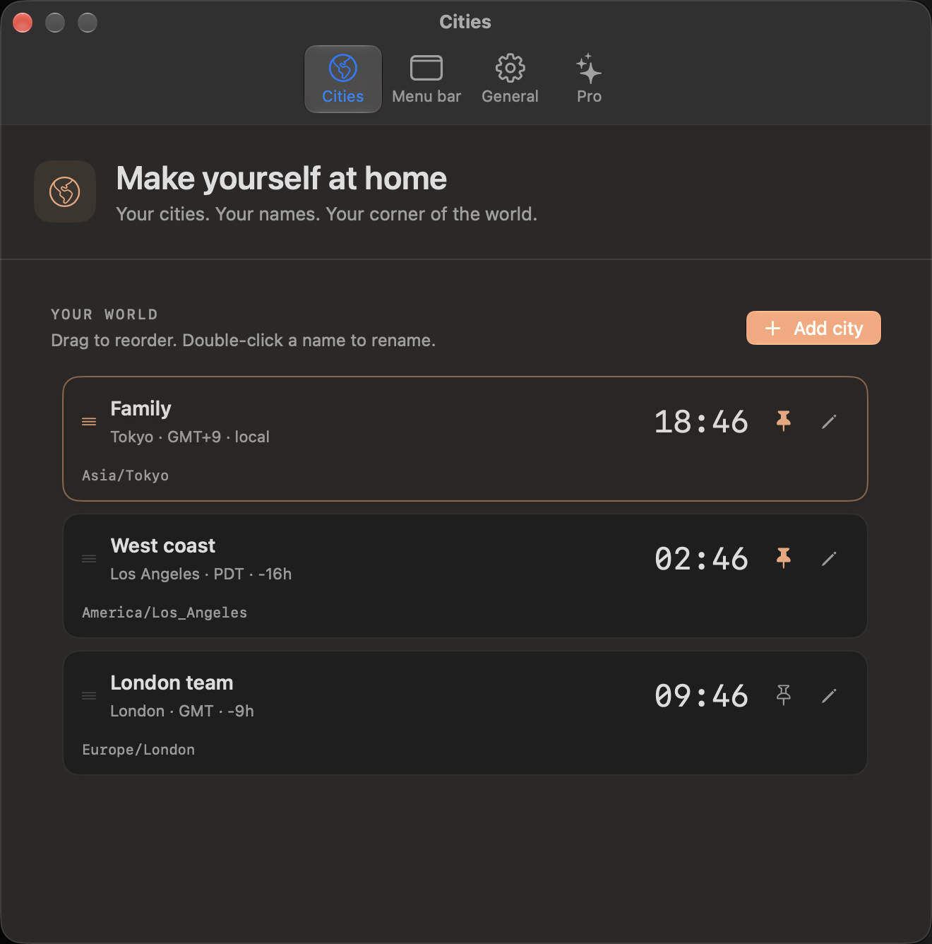 MrWorldwide Cities settings showing custom clock names, pin controls and a reorderable city list.