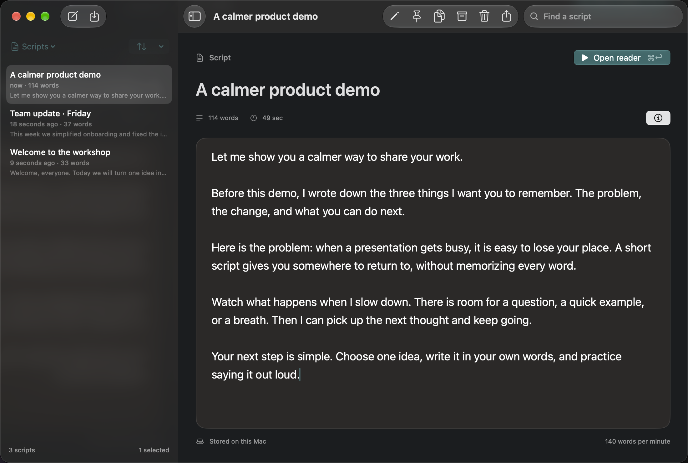 Talk a Lot’s native library with presentation scripts and the selected script in its editor.