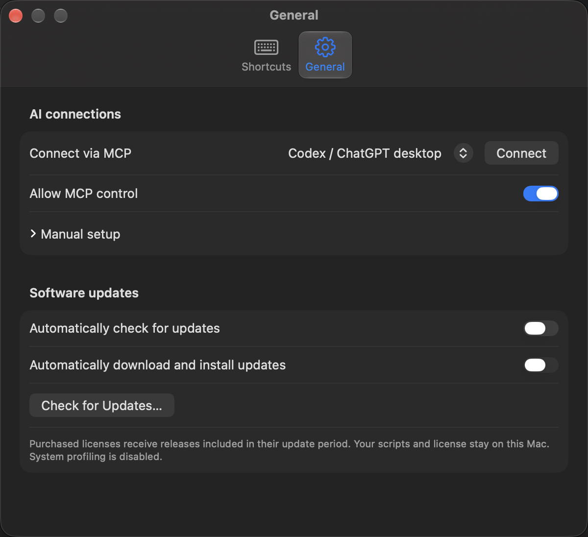 Talk a Lot development General settings with MCP connection controls and software updates.