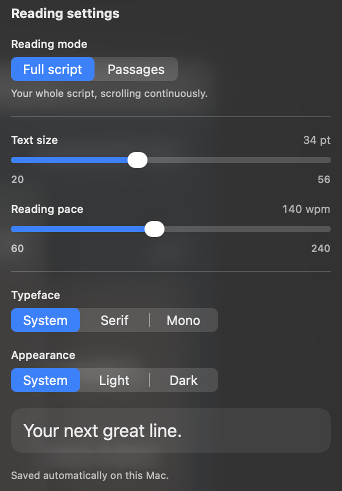 Talk a Lot reading settings for reading mode, pace, text size and reader behavior.
